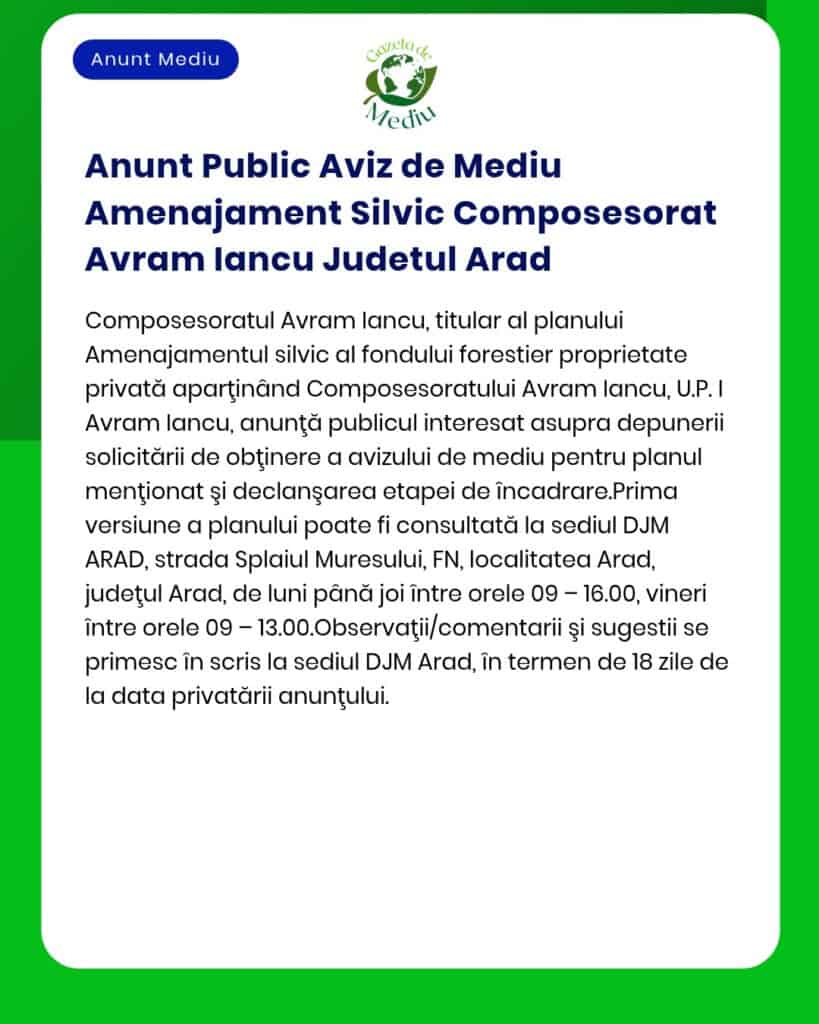 Anunt Public Aviz de Mediu Amenajament Silvic Composesorat Avram Iancu