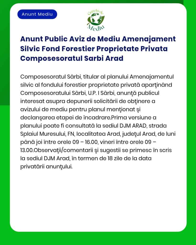 Anunt Public Aviz de Mediu Amenajament Silvic Fond Forestier Proprieta