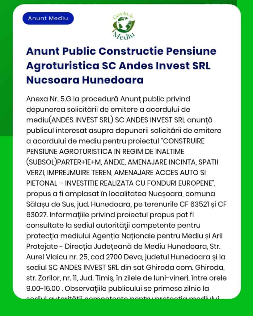 Anunt Public Constructie Pensiune Agroturistica SC Andes Invest SRL Nu