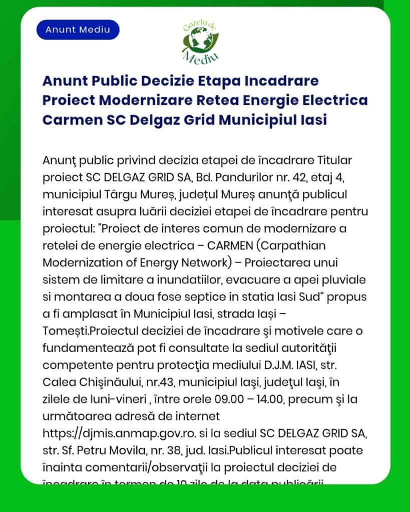Anunt Public Decizie Etapa Incadrare Proiect Modernizare Retea Energie