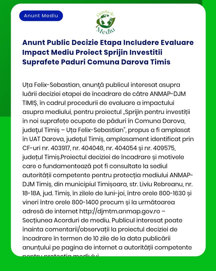 Anunt Public Decizie Etapa Includere Evaluare Impact Mediu Proiect Spr