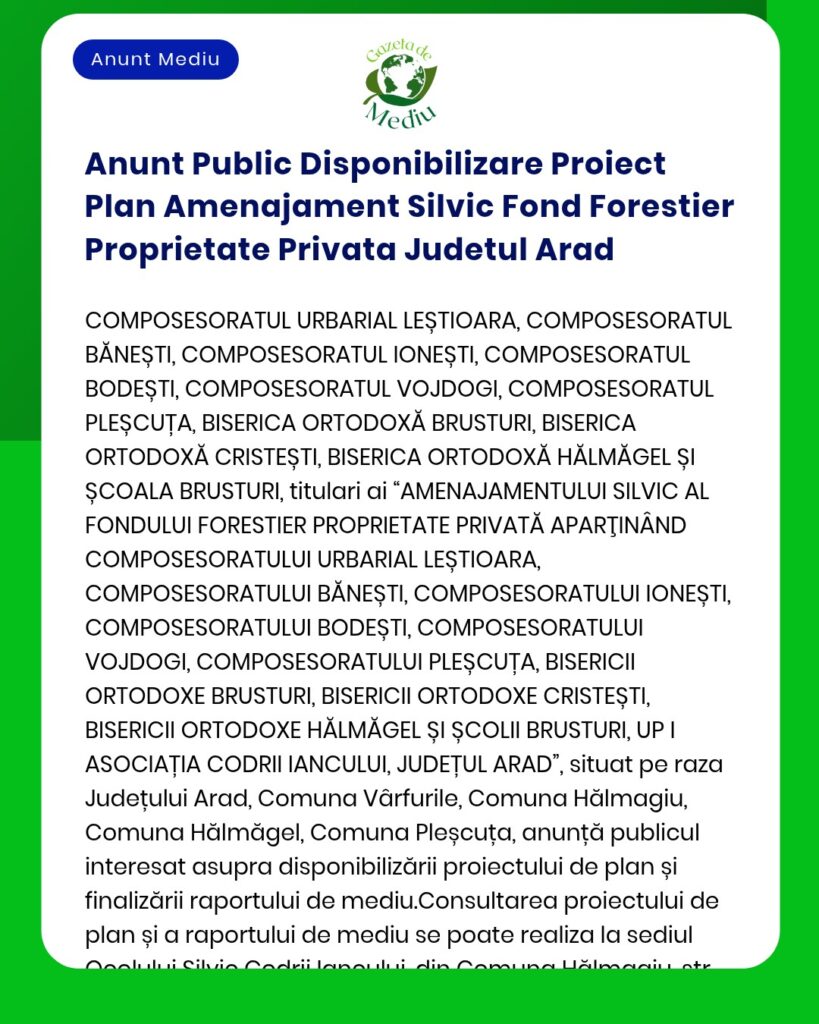 Anunt Public Disponibilizare Proiect Plan Amenajament Silvic Fond Fore