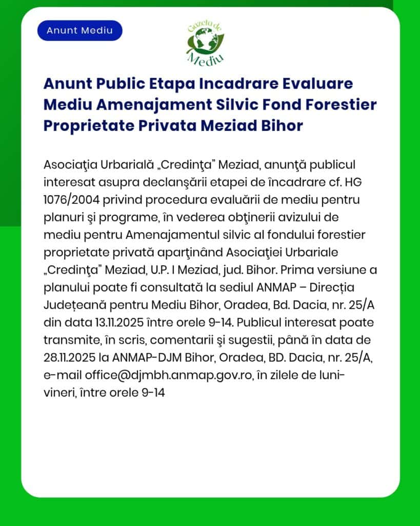Anunt Public Etapa Incadrare Evaluare Mediu Amenajament Silvic Fond Fo