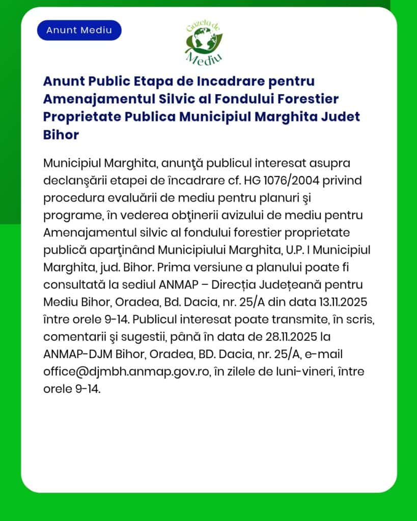 Anunt Public Etapa de Incadrare pentru Amenajamentul Silvic al Fondulu