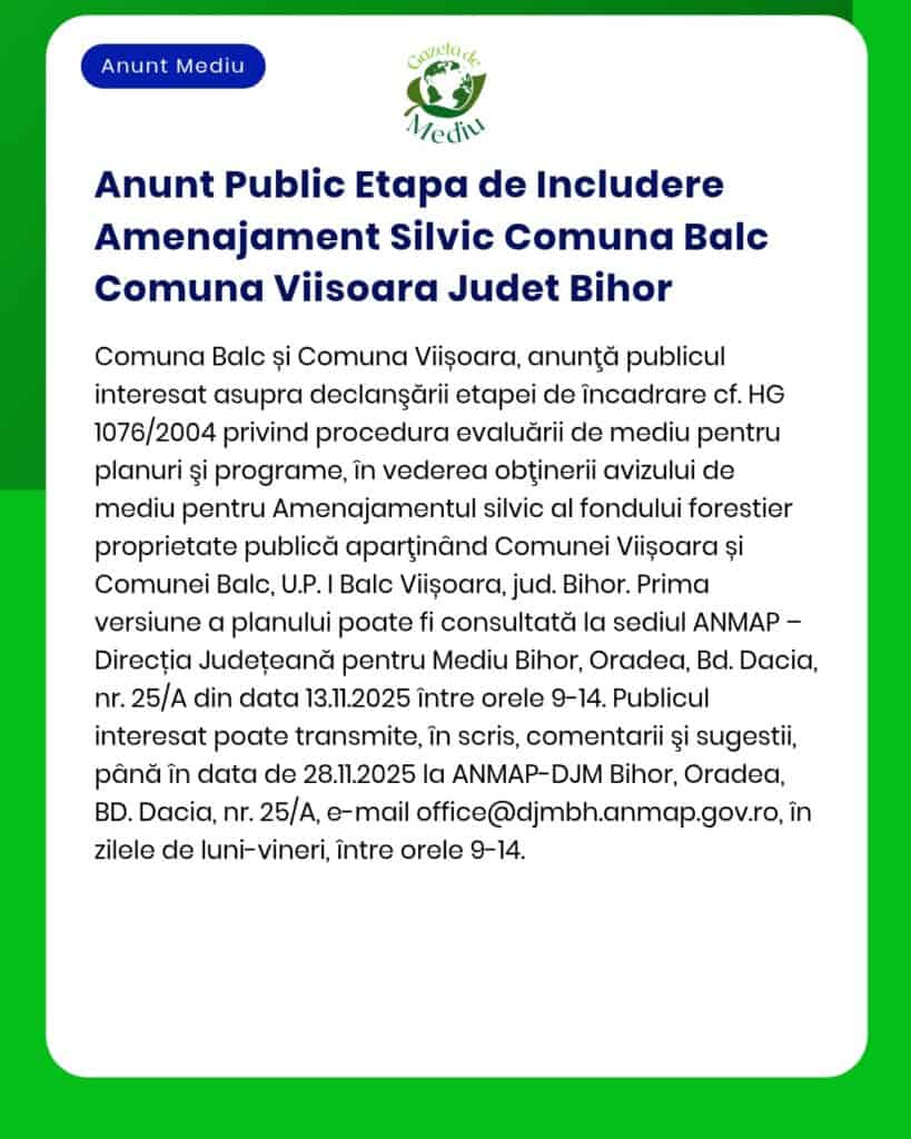 Anunt Public Etapa de Includere Amenajament Silvic Comuna Balc Comuna