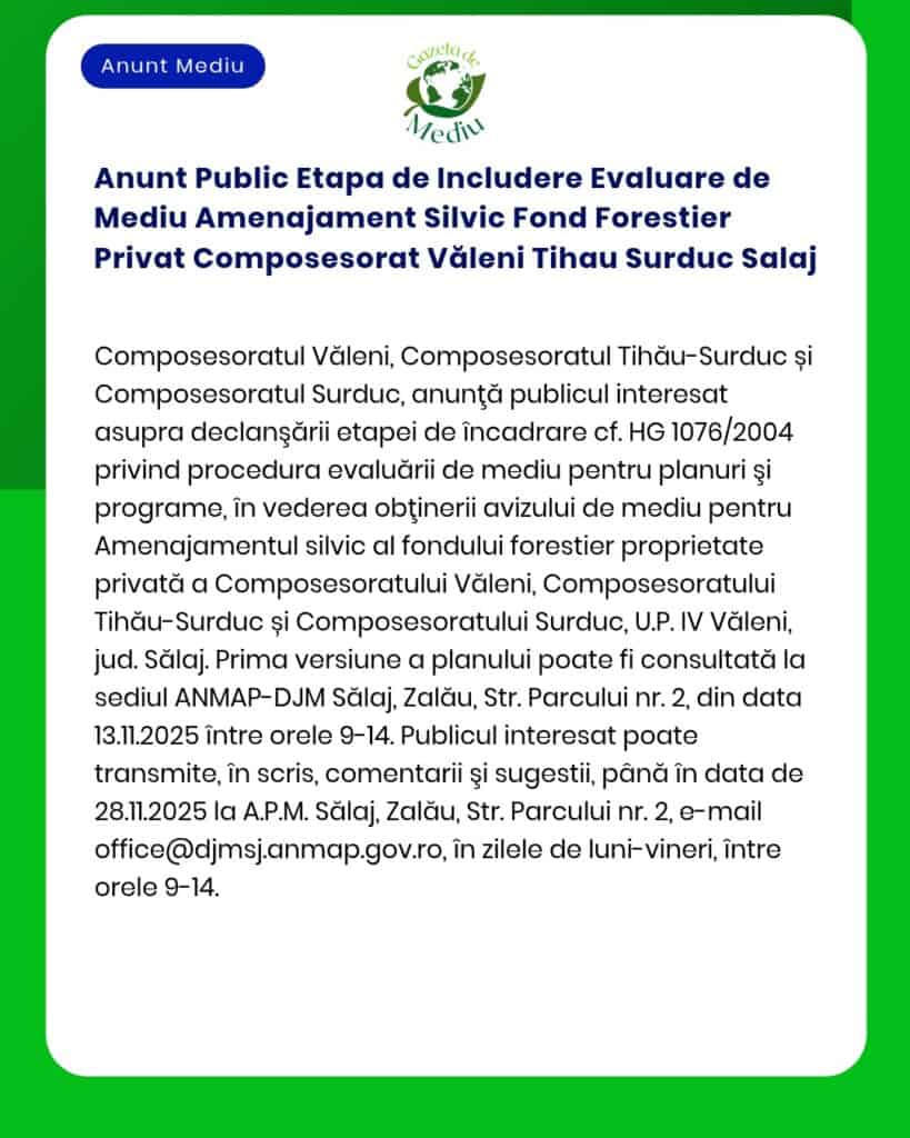 Anunt Public Etapa de Includere Evaluare de Mediu Amenajament Silvic F