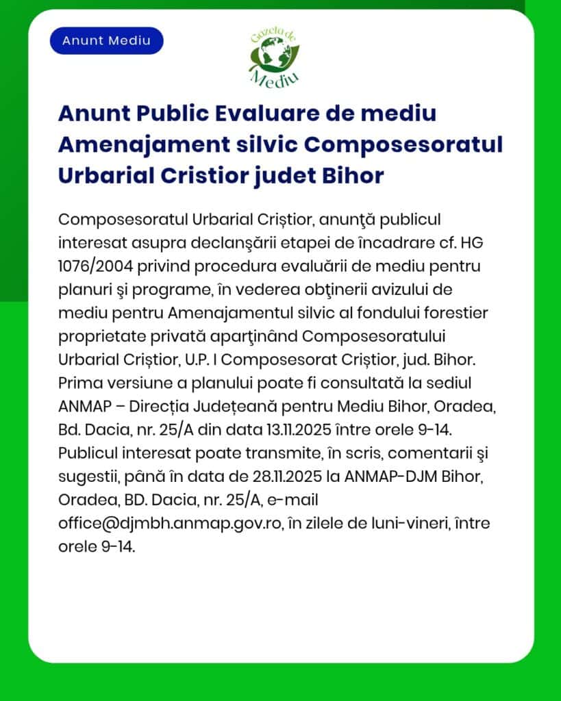 Anunt Public Evaluare de mediu Amenajament silvic Composesoratul Urbar