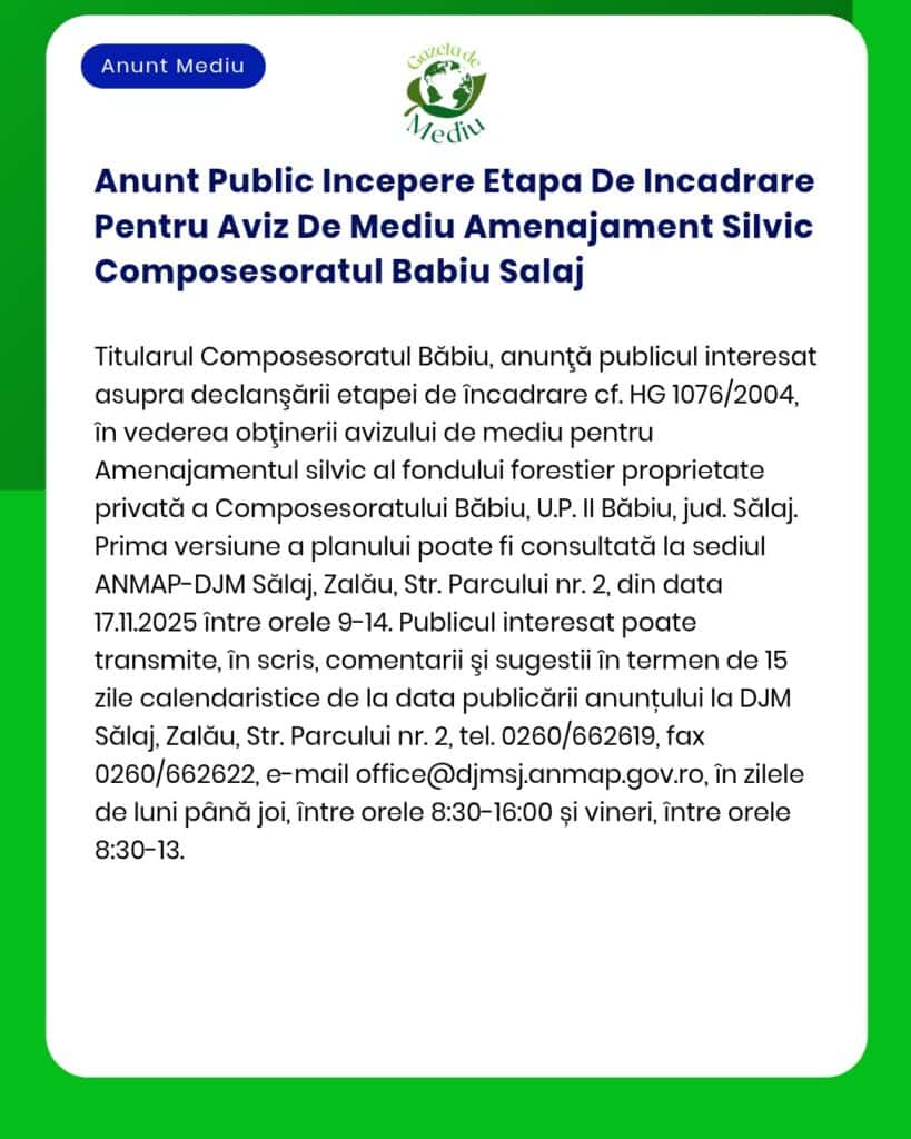 Anunt Public Incepere Etapa De Incadrare Pentru Aviz De Mediu Amenajam
