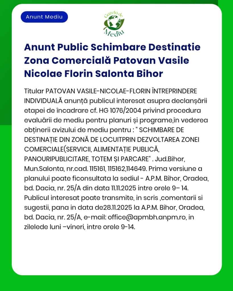 Anunt Public Schimbare Destinatie Zona Comercială Patovan Vasile Nicol