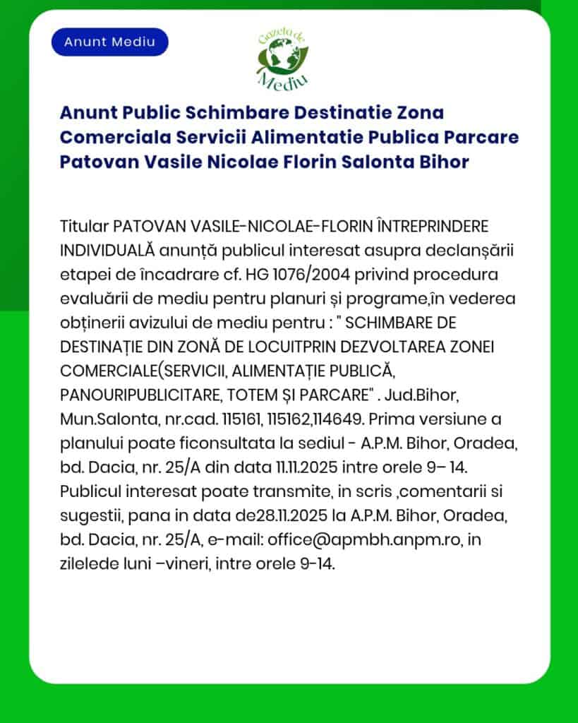 Anunt Public Schimbare Destinatie Zona Comerciala Servicii Alimentatie