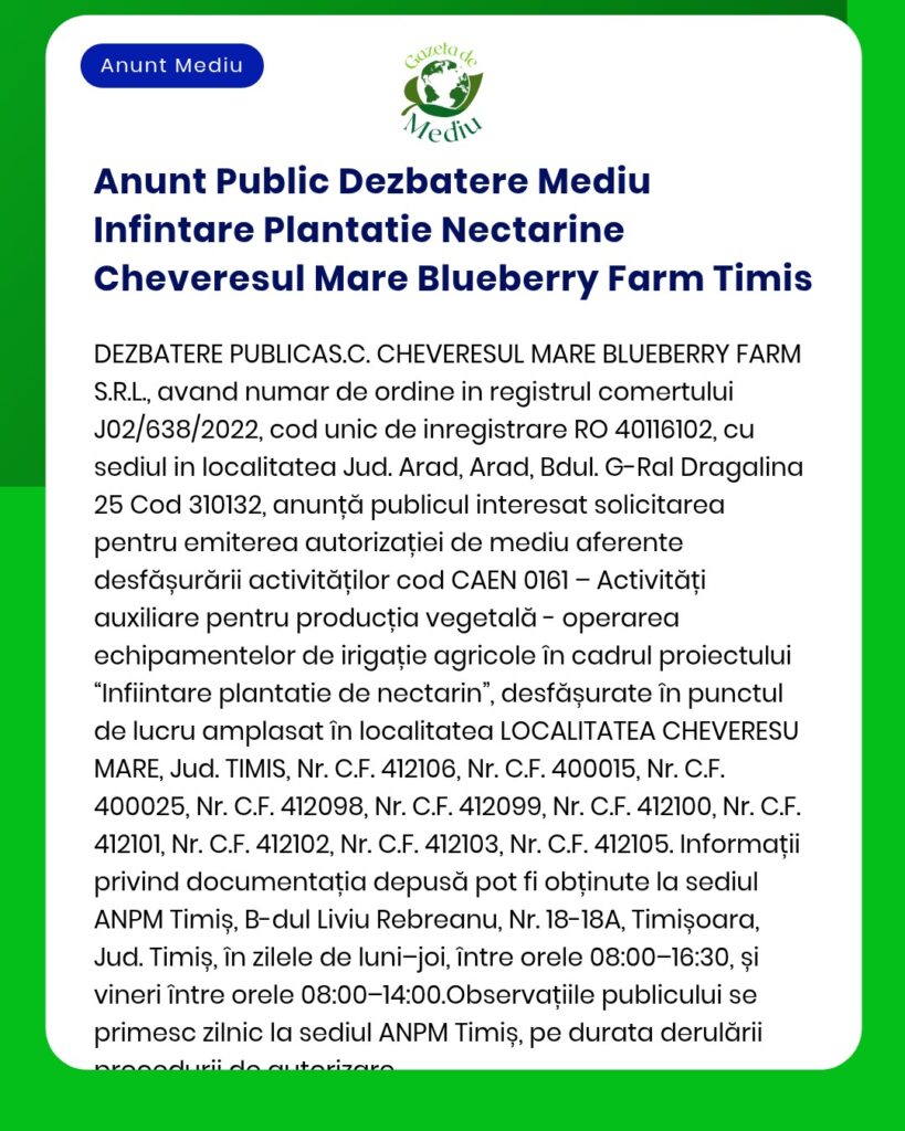 Anunt Public Dezbatere Mediu Infintare Plantatie Nectarine Cheveresul