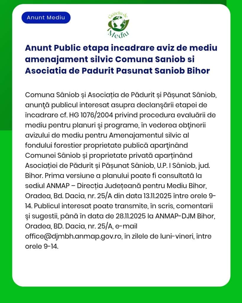 Anunt Public etapa incadrare aviz de mediu amenajament silvic Comuna S