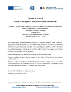 Un comunicat de presă românesc evidențiază sprijin investitii paduri din Planul Național de Recuperare și Reziliență pentru Kiss Lehel Arpad în Comuna Saniob Bihor, inclusiv informații de contact și numere de referință la sfârșit.