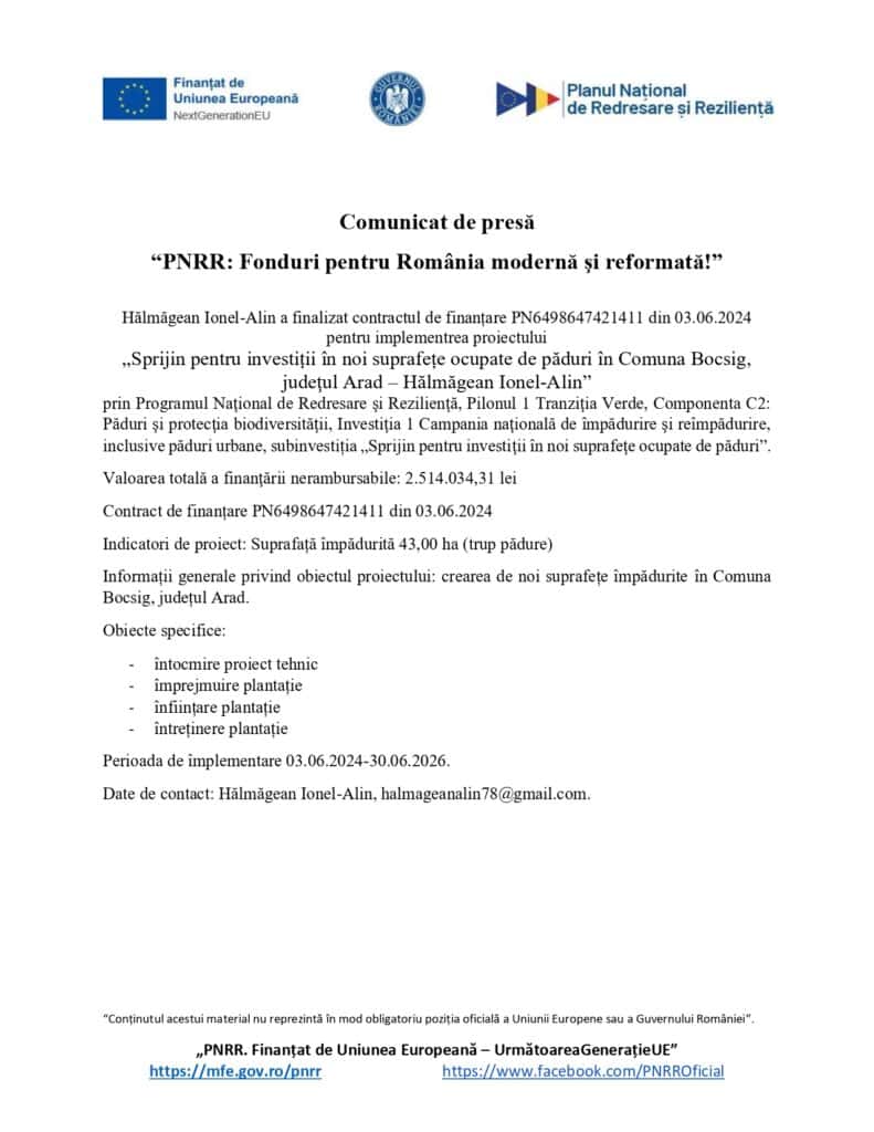 Un comunicat de presă românesc care anunță încheierea unui contract pentru investitii noi finanțate de UE în Comuna Bocsig, cu logo-uri oficiale, titluri în bold, detalii text despre dezvoltarea paduri și informații de contact în partea de jos.