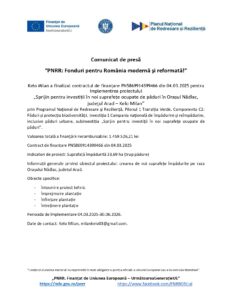 Un document românesc de presă cu logo-urile UE în partea de sus, care anunță finanțarea PNRR și sprijin investitii paduri pentru proiectele Milaneko din Cluj-Napoca. Acesta enumeră obiectivele, valoarea finanțării, durata proiectului și datele de contact.
