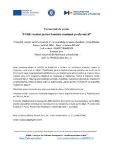 Comunicat de presă în limba română, cu logo-uri și titlul "PNRR Fonduri: investitii paduri pentru România modernă și reformată!", detaliază un proiect finanțat de împădurire în Cuceu Sălaj, incluzând data de contact.