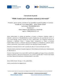 Un comunicat de presă în limba română care conține logo-urile UE și ale guvernului, un titlu bold și detalii despre un proiect de investitii paduri finanțat de PNRR în Husasau de Tinca, județul Bihor. În partea de jos, găsiți informațiile de contact pentru mai multe detalii.