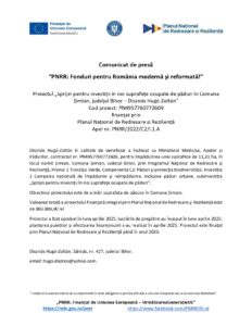 Un comunicat de presă românesc despre investiția paduri din Șimian, județul Bihor, finanțată prin PNRR Fonduri, care detaliază sprijinul Planului Național de Recuperare și Reziliență, cu logo-uri și informații de contact incluse.