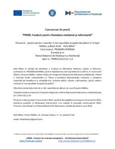Un document de presă cu logo-uri guvernamentale și text în limba română evidențiază sprijin investitii paduri și finanțare urbană pentru Kelo Milan Nadlac în județul Arad, în cadrul Planului Național de Recuperare și Reziliență.