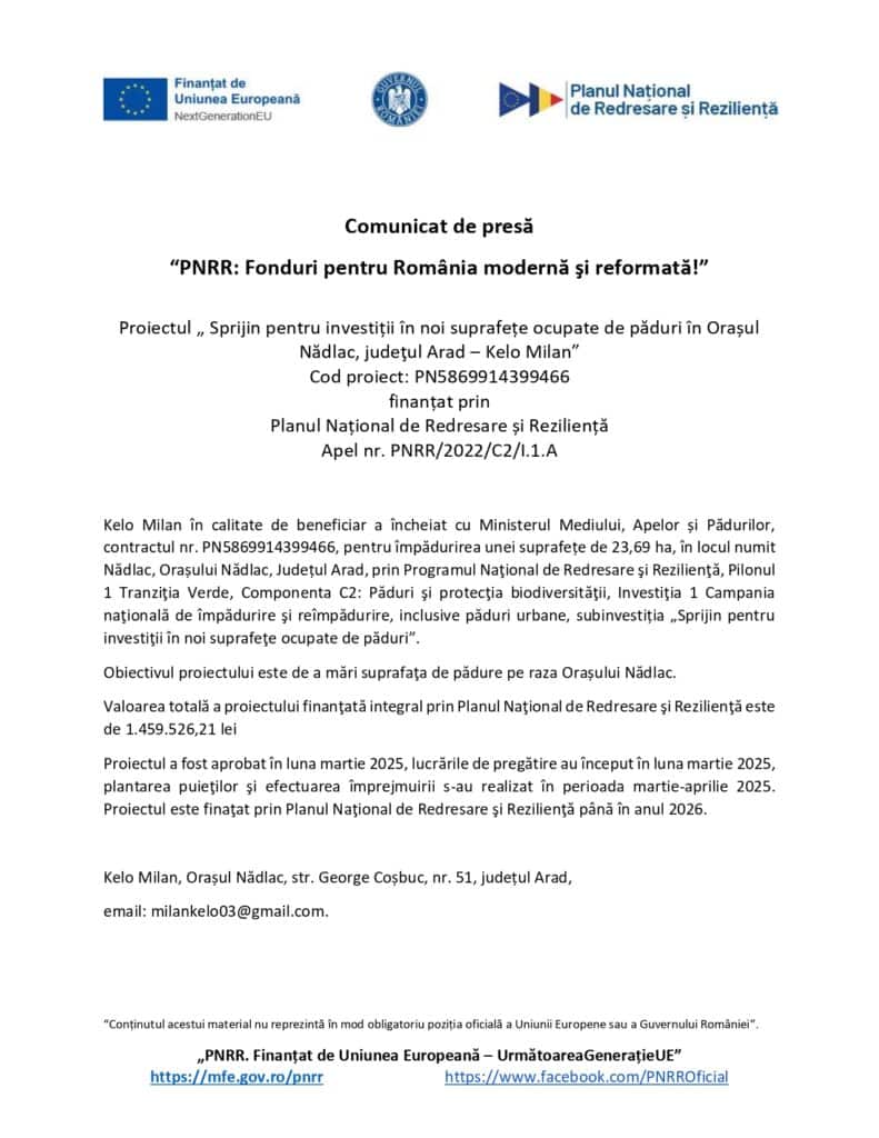 Un document de presă cu logo-uri guvernamentale și text în limba română evidențiază sprijin investitii paduri și finanțare urbană pentru Kelo Milan Nadlac în județul Arad, în cadrul Planului Național de Recuperare și Reziliență.