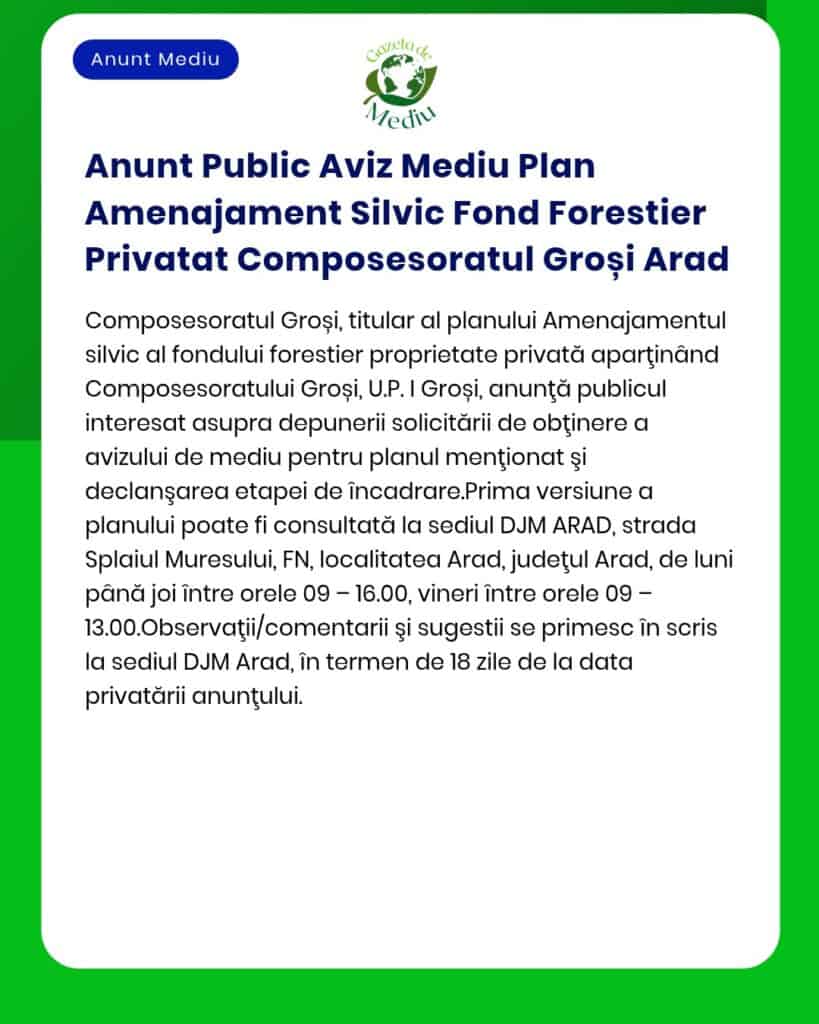 Anunt Public Aviz Mediu Plan Amenajament Silvic Fond Forestier Privata