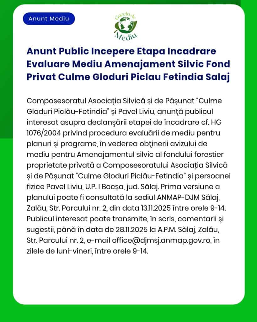 Anunt Public Incepere Etapa Incadrare Evaluare Mediu Amenajament Silvi