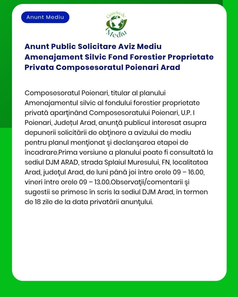 Anunt Public Solicitare Aviz Mediu Amenajament Silvic Fond Forestier P
