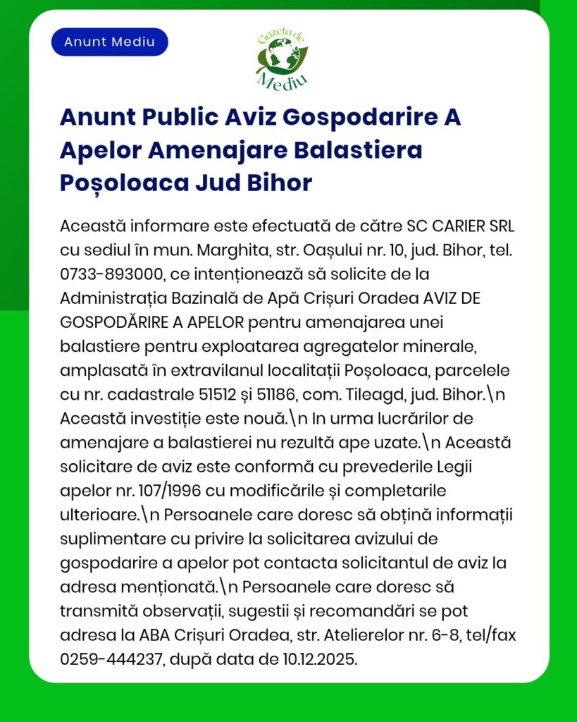 Anunț privind solicitarea acordului pentru amenajare carieră lângă Poșolaca, județul Bihor, de către SC CARRIER SRL.