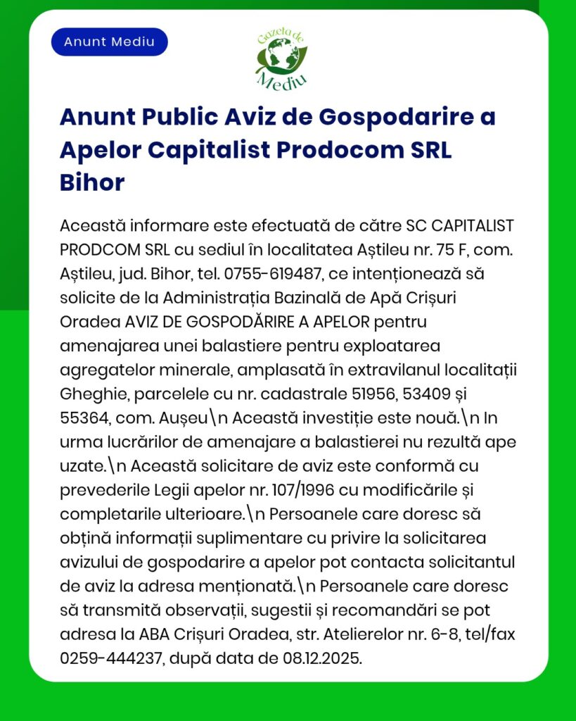Anunț privind solicitarea SC Capitalist Prodocom SRL Bihor pentru amenajare balastieră în Aștileu, Bihor, România.