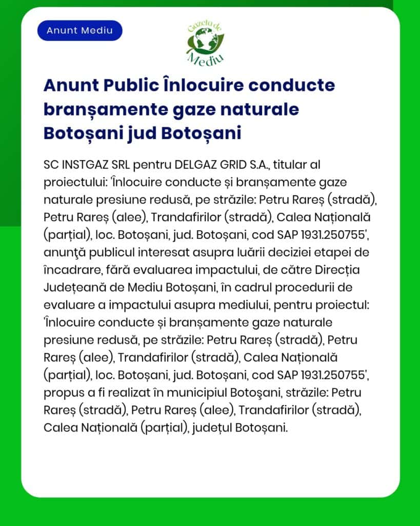 Anunț privind înlocuirea conductelor de gaze naturale în Botoșani, cu străzi afectate și detalii administrative.