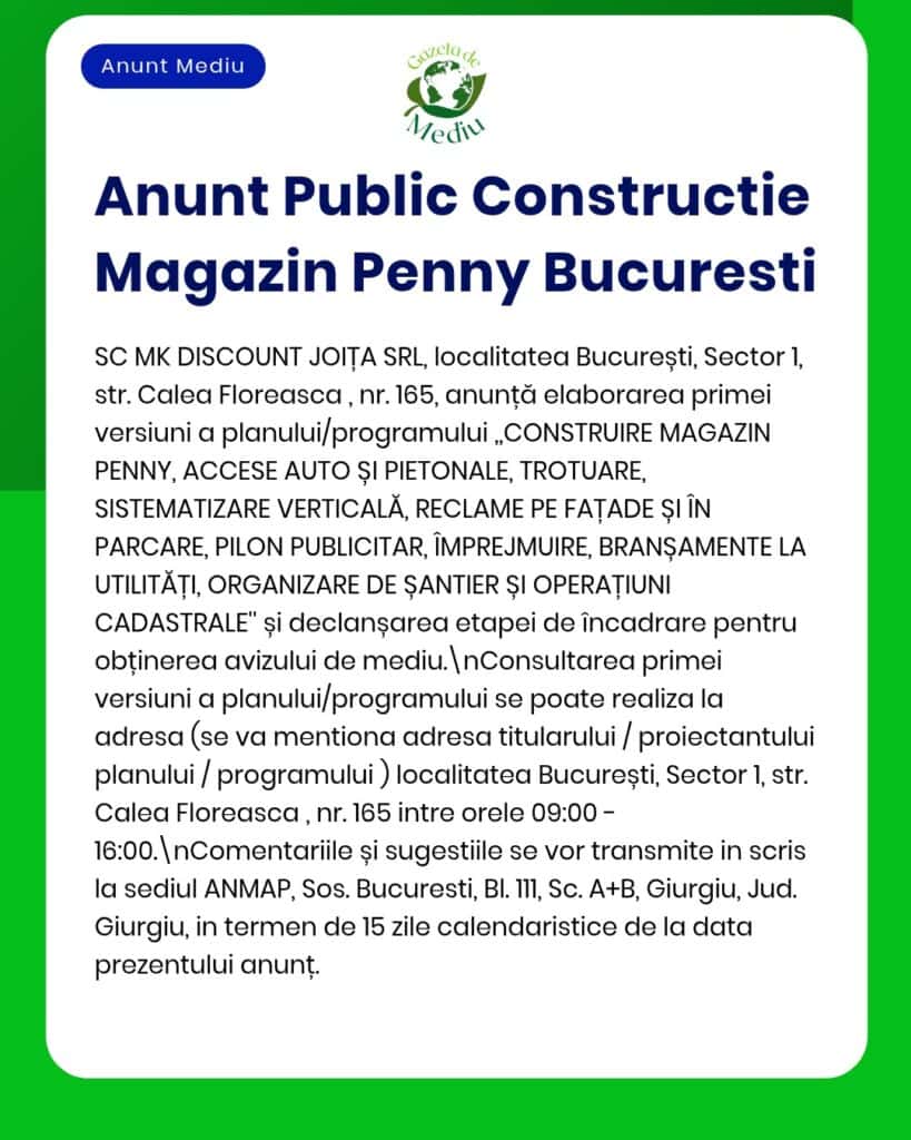 Anunț privind construcția unui magazin Penny în București, Sector 1, cu informații despre planul urbanistic.