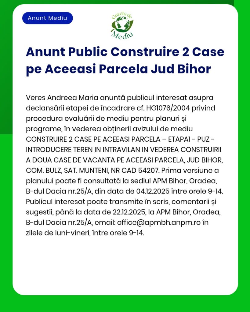 Anunț informativ despre proiectul de casă de vacanță din Bihor, România.