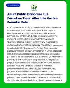 Anunț privind elaborarea PUZ pentru parcelă rezidențială în Alba Iulia, cu detalii despre acces, trafic și infrastructură.