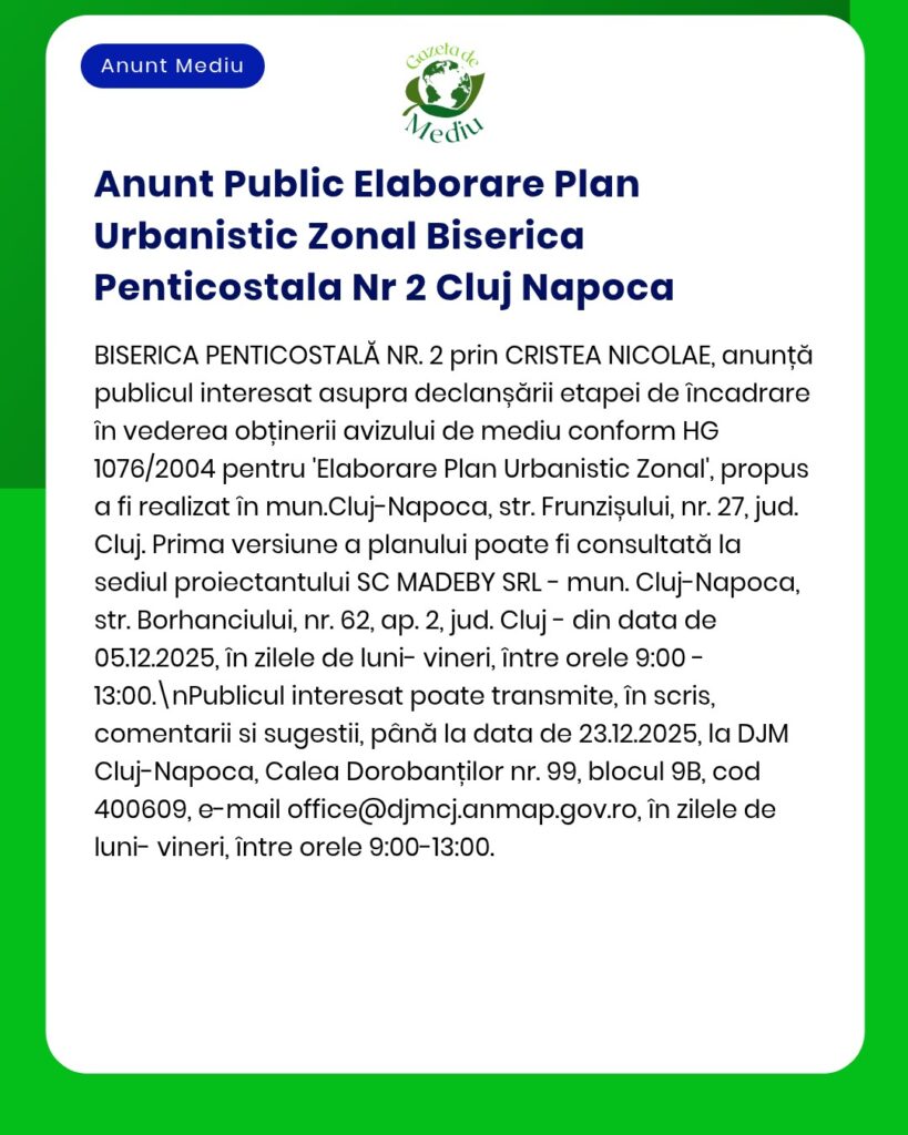 Elaborare plan urbanism pentru Biserica Penticostala Nr 2 Cluj Napoca.