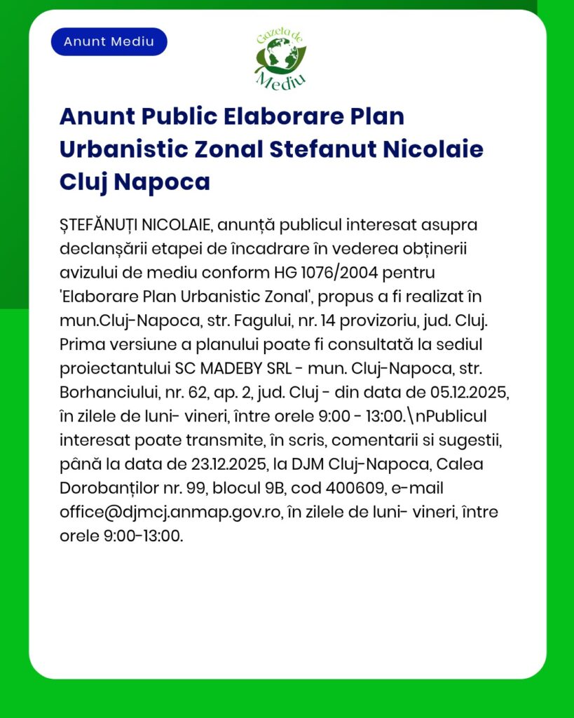 Anunț despre dezvoltarea Planului Urbanistic Zonal Ștefanut Nicolaie în Cluj-Napoca, cu detalii proiect și perioadă.