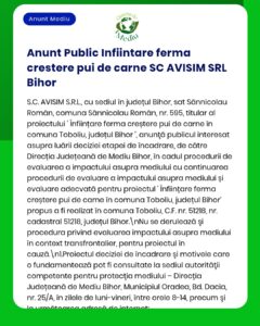 Anunț privind înființarea unei ferme de carne de SC AVISIM SRL, județul Bihor, inclusiv evaluarea impactului și procedurilor APM.