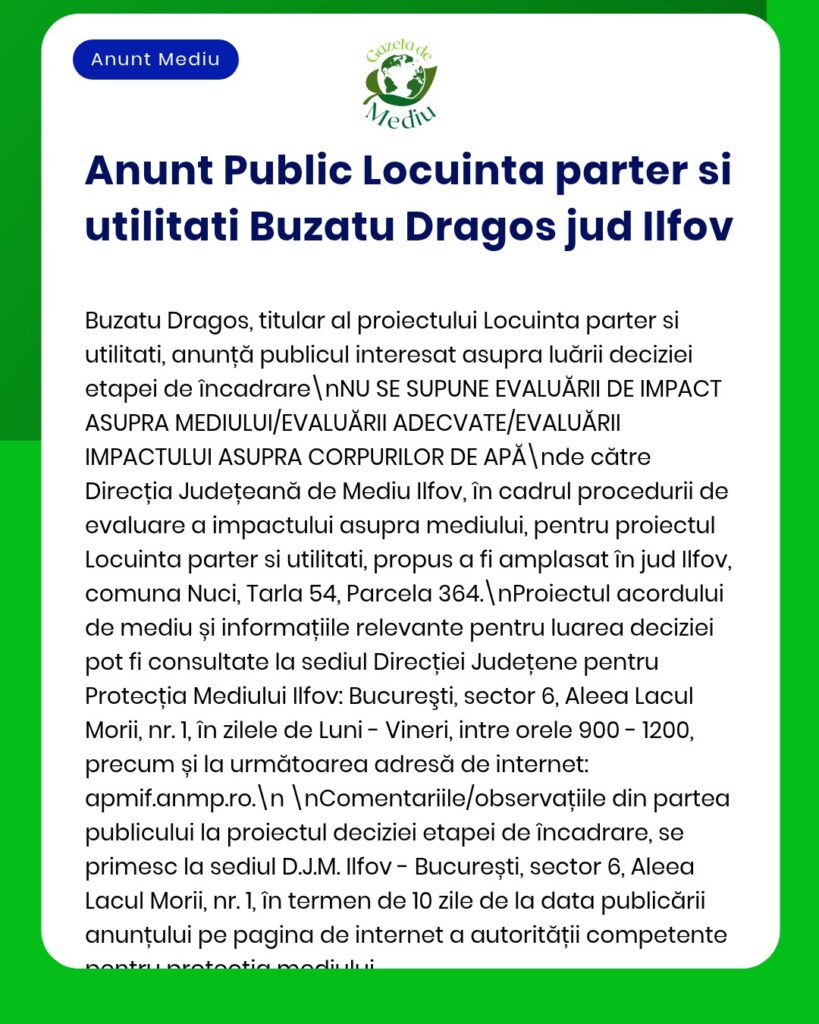 Evaluare pentru proiect de locuințe și utilități la parter în Ilfov, titular Buzatu Dragos.