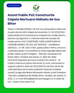 Anunț privind evaluarea de mediu pentru proiectul construirii unei capele mortuare în Hidișelu de Sus, Bihor, de către APM.