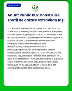 Anunț privind PUZ pentru construirea spațiilor de cazare în Iași, cu detalii despre proiect.