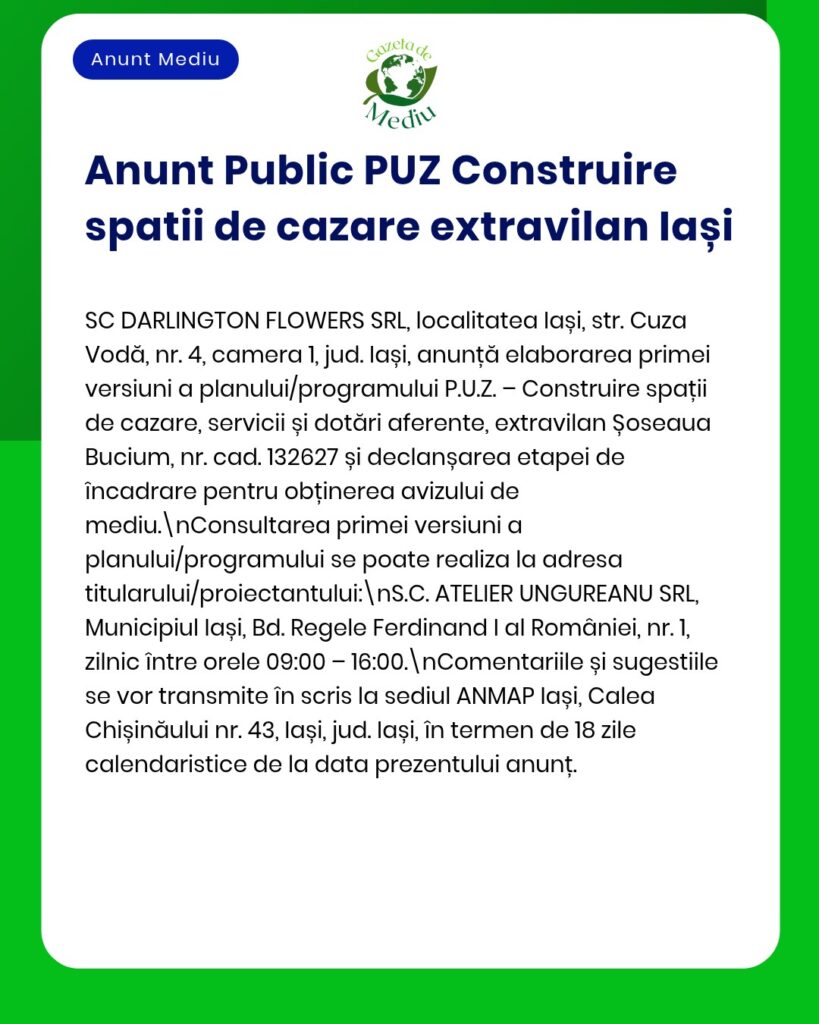 Anunț privind PUZ pentru construirea spațiilor de cazare în Iași, cu detalii despre proiect.