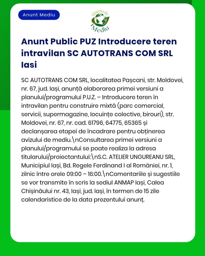 Anunț privind introducerea în intravilan a unor terenuri pentru construire în Iași, cu detalii despre proiect și număr de parcelă.