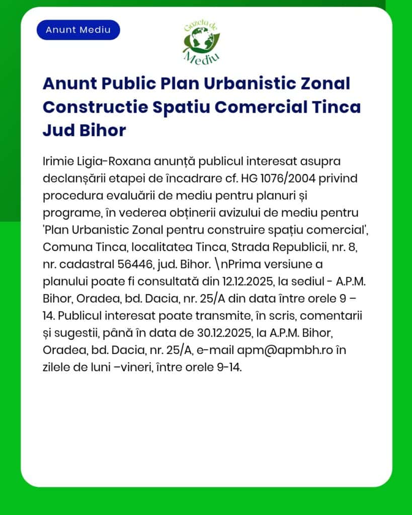 Anunț privind un plan urbanistic pentru spațiu comercial în Tinca, Jud. Bihor, cu detalii despre procedură și locație.