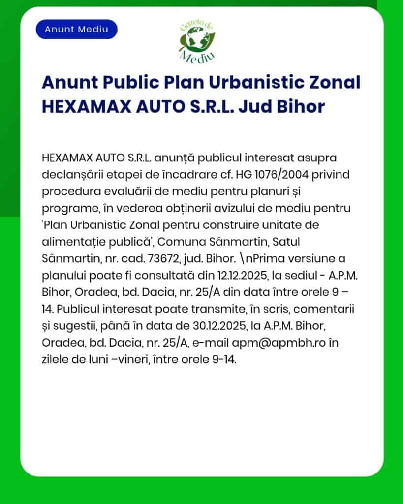 Opinia de mediu pentru planul urbanistic HEXAMAX AUTO S.R.L., 12.12.2025, Oradea, Bihor.
