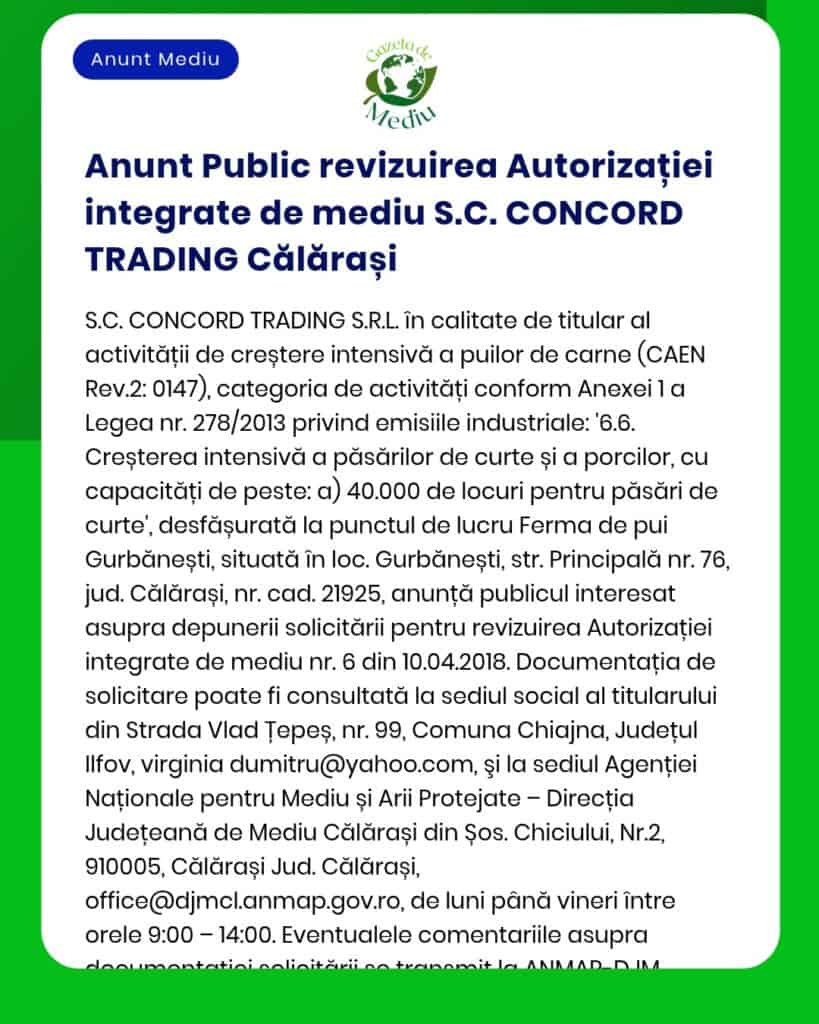 Anunț privind revizuirea autorizațiilor S.C. CONCORD TRADING Călărași pentru creșterea intensivă a păsărilor și porcinelor.
