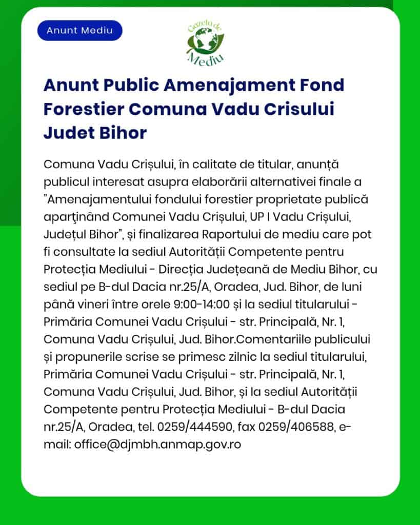 Anunt Public Amenajament Fond Forestier Comuna Vadu Crisului Judet Bih