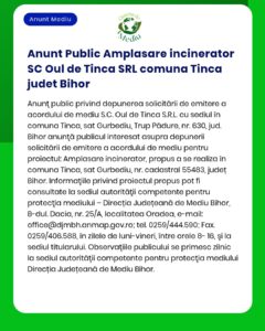 Anunt Public Amplasare incinerator SC Oul de Tinca SRL comuna Tinca ju