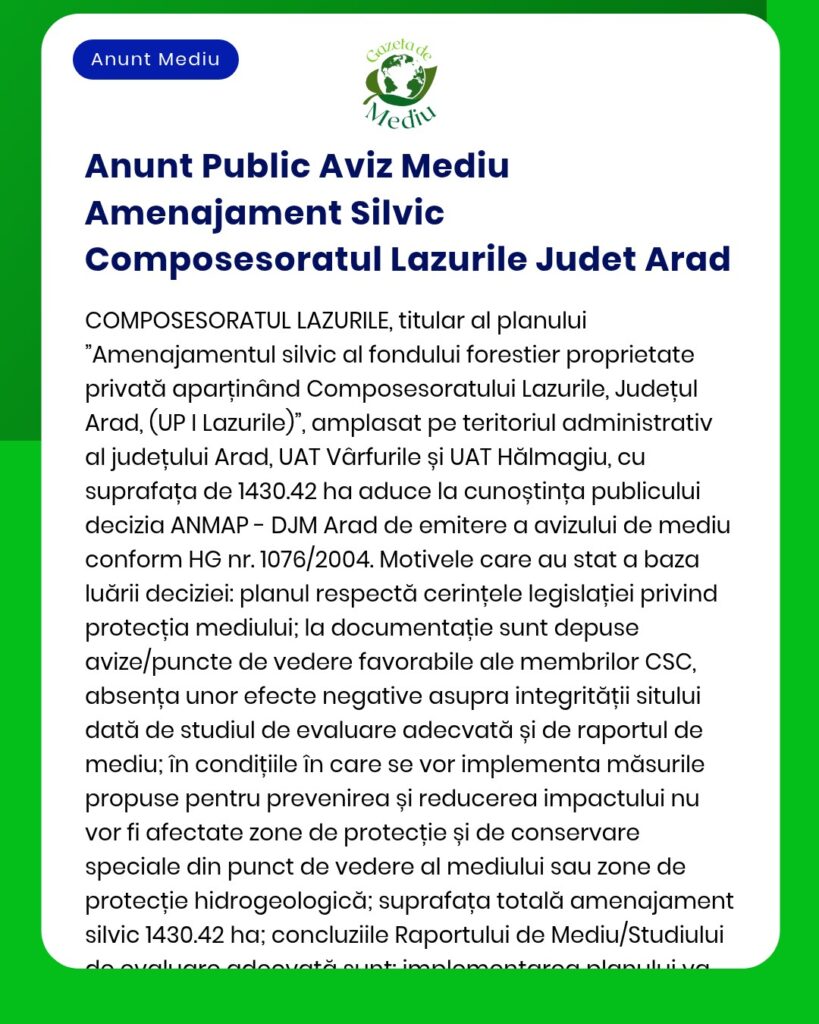 Anunt Public Aviz Mediu Amenajament Silvic Composesoratul Lazurile Jud