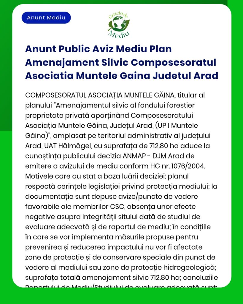 Anunt Public Aviz Mediu Plan Amenajament Silvic Composesoratul Asociat