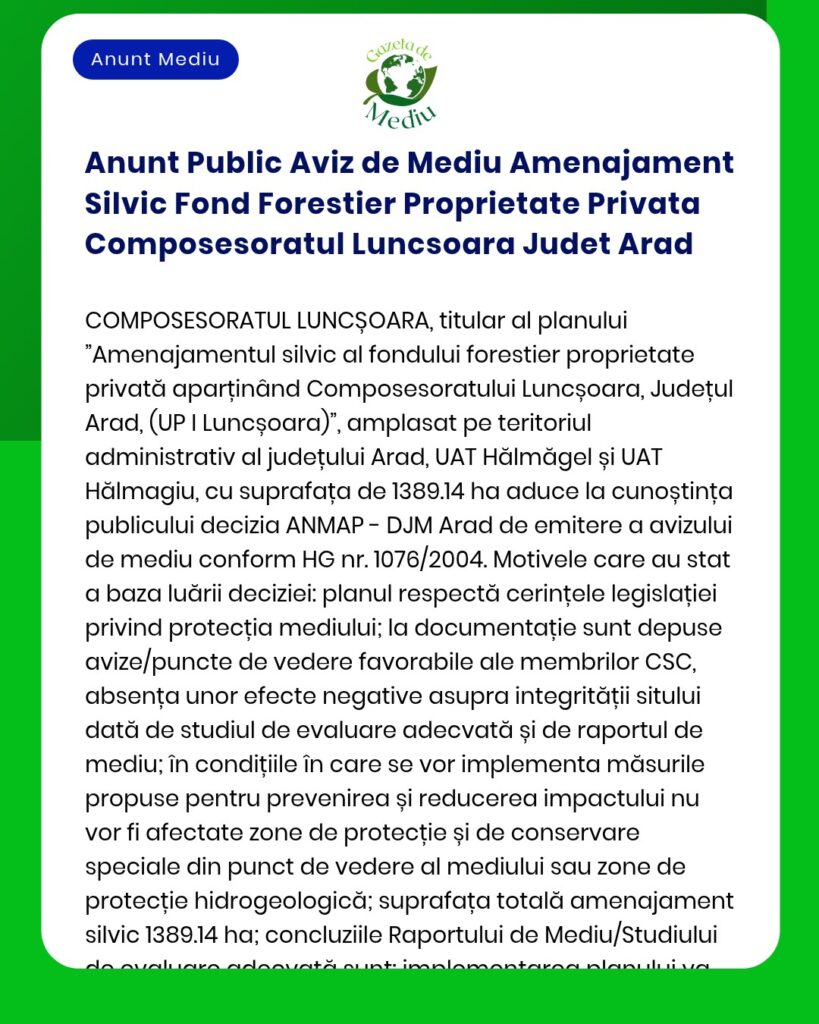 Anunt Public Aviz de Mediu Amenajament Silvic Fond Forestier Proprieta