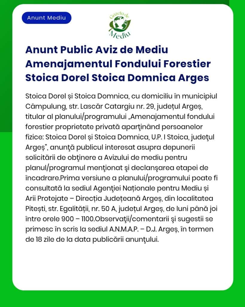 Anunt Public Aviz de Mediu Amenajamentul Fondului Forestier Stoica Dor